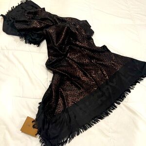 Burberry Black & Metallic Bronze Jacquard Silk-blend Scarf with TB Monogram